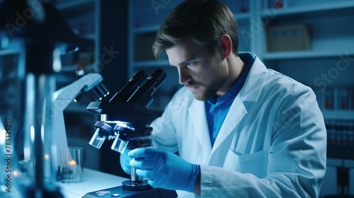An image portraying a male researcher conducting an examination under a microscope at a well-equipped scientific laboratory