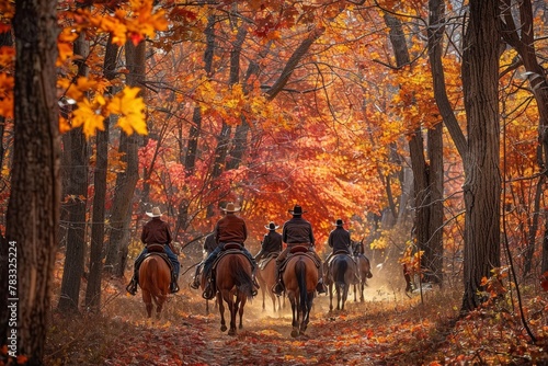 Group of horseback riders enjoying an autumn trail beneath fiery foliage © gankevstock
