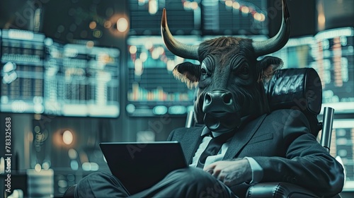A bull wearing suit sitting on the chair using tablet for trading stock