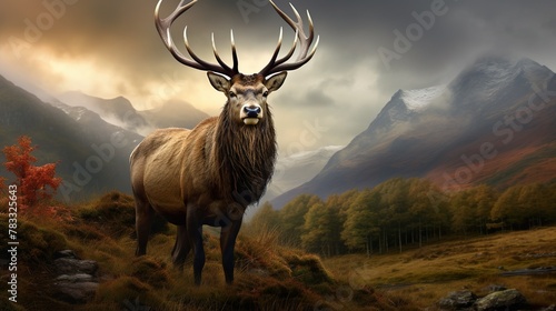 An artistically enhanced image with a stag in focus against an atmospheric landscape illuminated by sunrise