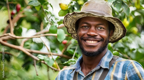 A handsome and attractive smiling black male gardener working in the garden