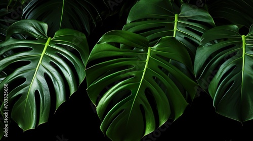 The image features Monstera deliciosa leaves with their iconic splits and holes, softly lit to accentuate their curves and green hues