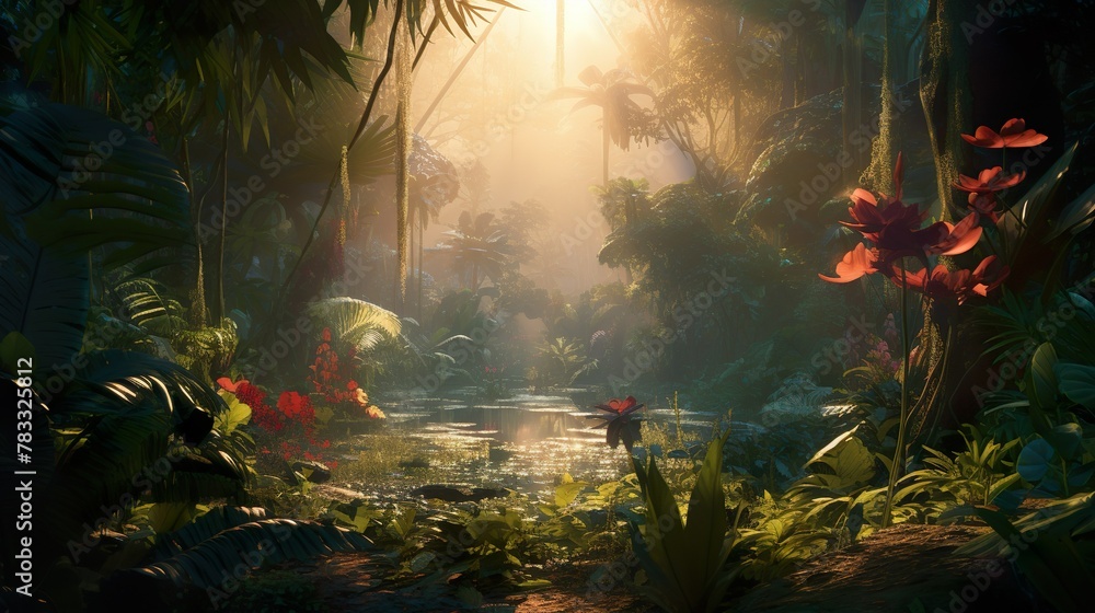 An enchanting digital artwork of sun rays piercing through a dense jungle depicting a scene of natural wonder and exploration