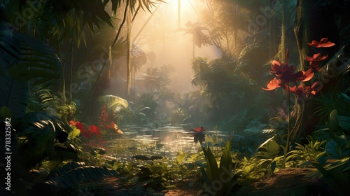 An enchanting digital artwork of sun rays piercing through a dense jungle depicting a scene of natural wonder and exploration © Nicholas