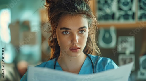 Back view of a female doctor reviewing medical documents inside a hospital  representing healthcare professionals at work.