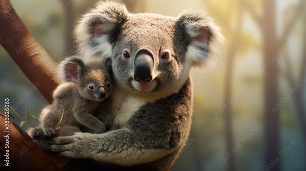 This image beautifully captures the tranquility of a mother koala and her baby enjoying the calmness of their natural habitat, a moment of stillness and bonding