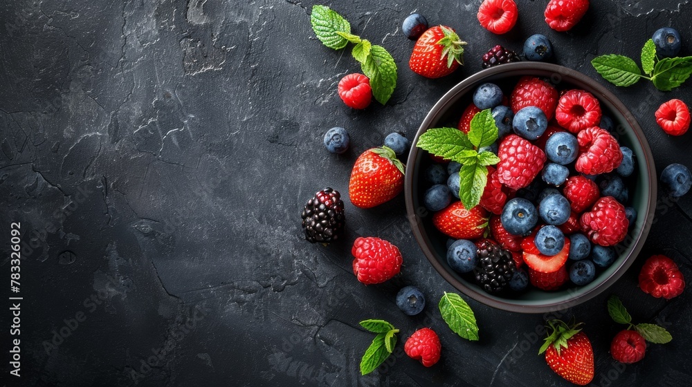 A bowl of berries and mint leaves on a dark surface, AI A bowl of berries and mint leaves on a dark surface, AI