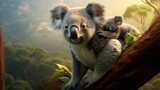A heartwarming image featuring an adorable koala bear with its joey clinging on as they perch on a eucalyptus branch amid a lush forest backdrop