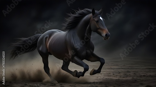 Galloping black horse on dark background .Generative AI