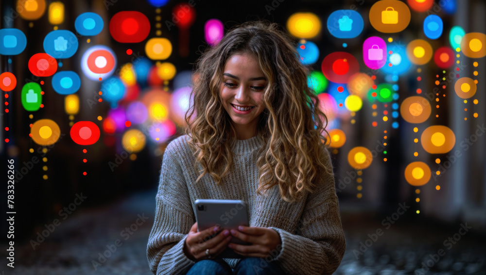 Person engrossed in smartphone amidst vibrant bokeh lights shaped like app icons on a cobblestone street at night. Magical technological ambiance is illuminated by these colorful. Person engrossed in smartphone amidst vibrant bokeh lights shaped like app icons on a cobblestone street at night. Magical technological ambiance is illuminated by these colorful.
