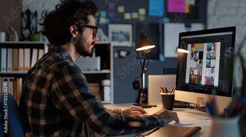 Male graphic designer working with computer at desk in office photo