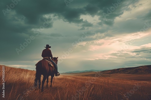 Lone cowboy on horseback under a dramatic stormy sky in a vast open field