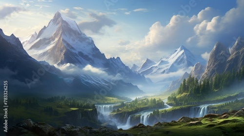 This serene image captures the majestic beauty of mountain peaks shrouded in mist with cascading waterfalls and lush valleys