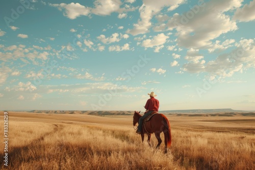 Lone cowboy riding horse across vast western prairie under a cloudy sky © gankevstock