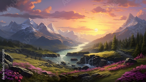 A captivating sunrise infuses light across the mountain river, surrounded by flowers signaling new beginnings and hope