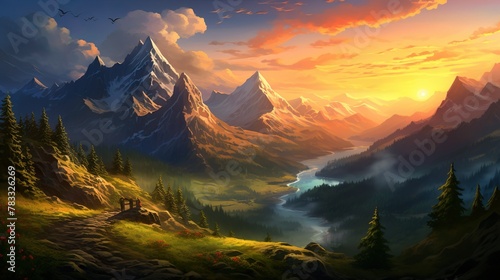 This artwork bathes a sprawling mountain valley and winding river in captivating sunset rays, evoking adventure © Nicholas