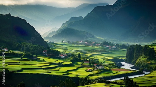 A breathtaking green valley cradled by mountains with a flowing river in the forefront photo