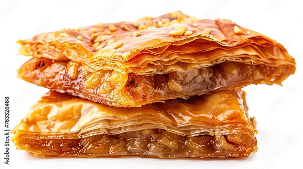Closeup, baklava pies isolated on white background, tasty dessert from Turkey Closeup, baklava pies isolated on white background, tasty dessert from Turkey
