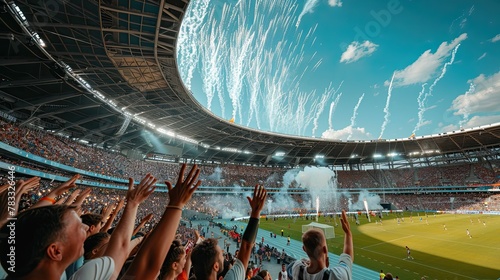 Seen from the stands of a large sports stadium, the public is celebrating the spectacle.