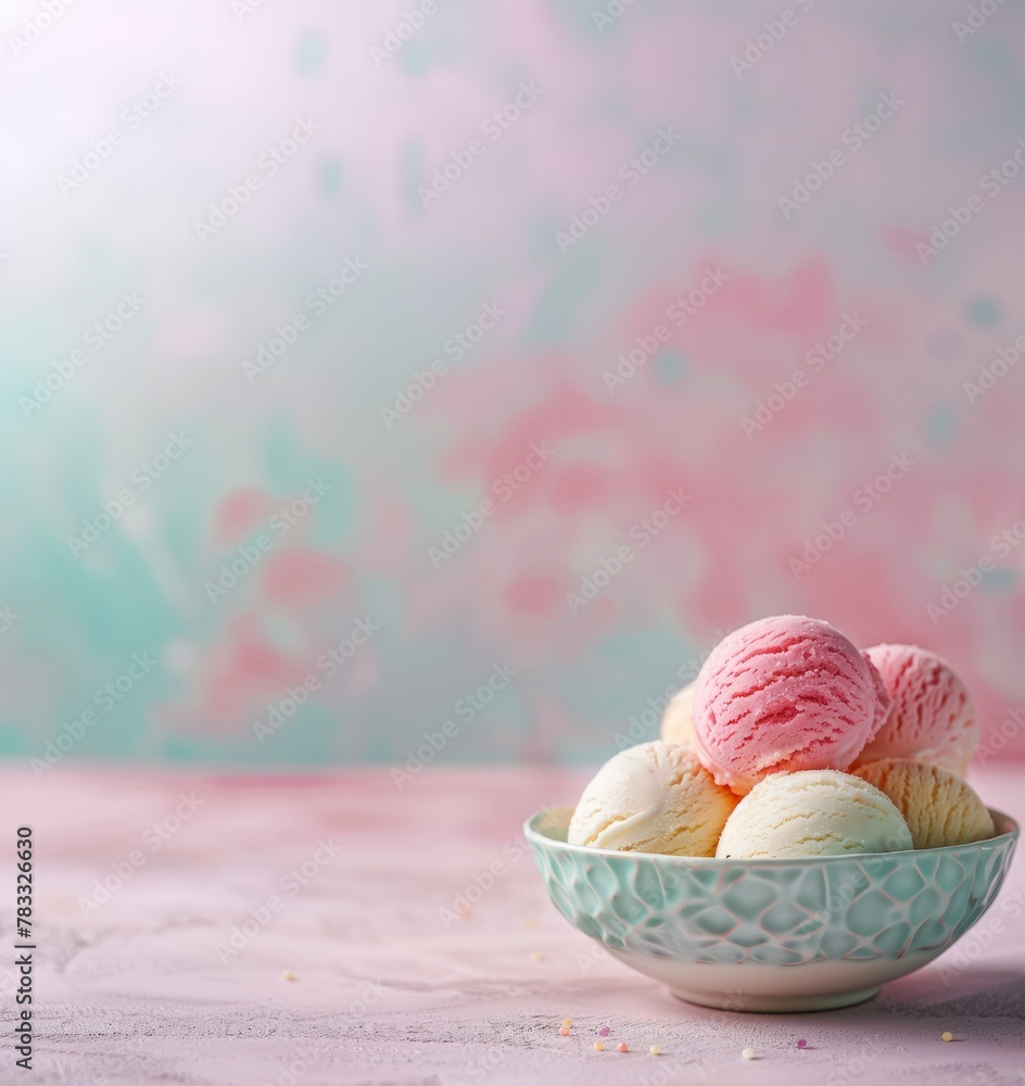 scoops of strawberry and vanilla ice cream in a ceramic bowl on a beautiful background. space for creative text or recipe scoops of strawberry and vanilla ice cream in a ceramic bowl on a beautiful background. space for creative text or recipe