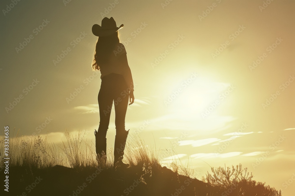 Naklejka premium Silhouetted woman in cowboy hat standing against sunset sky above grassy hill