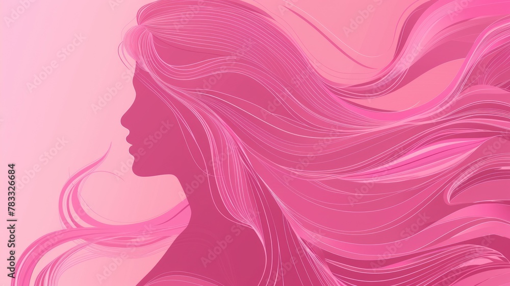 A woman with long flowing pink hair. The background is also pink, the hair and background blend together creating a sense of depth. The profile of a woman is shown, her face partially hidden by hair.