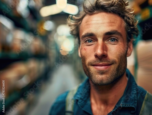 Focused male warehouse worker in industrial environment, surrounded by shelves of goods.