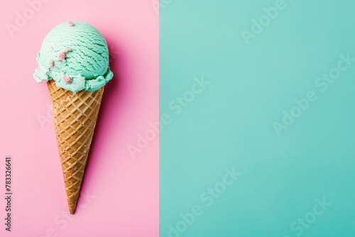 delicious waffle cone with a scoop of mint ice cream.  summer mood concept. Copy space