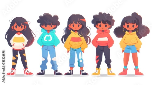 Five cartoon girls with curly hair. They are all wearing different colored sweatshirts: yellow, orange, blue, red and green. Their pants also vary, with red, blue, yellow and orange jeans.
