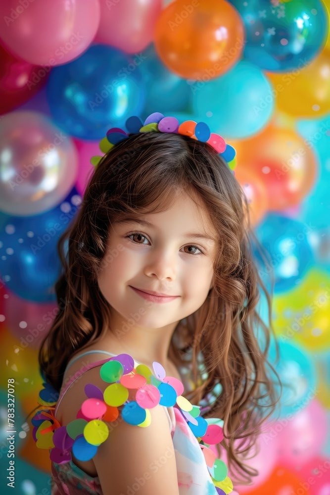 international Children's Day, portrait of a little smiling girl on a background of colorful balloons, cute curly-haired child in a dress