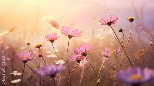 Soft pink cosmos flowers basking in the warm golden light of sunset  symbolizing peace and harmony