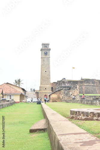 Galle Clock Tower and Galle Fort Wall in Galle Fort, Galle, Sri Lanka.