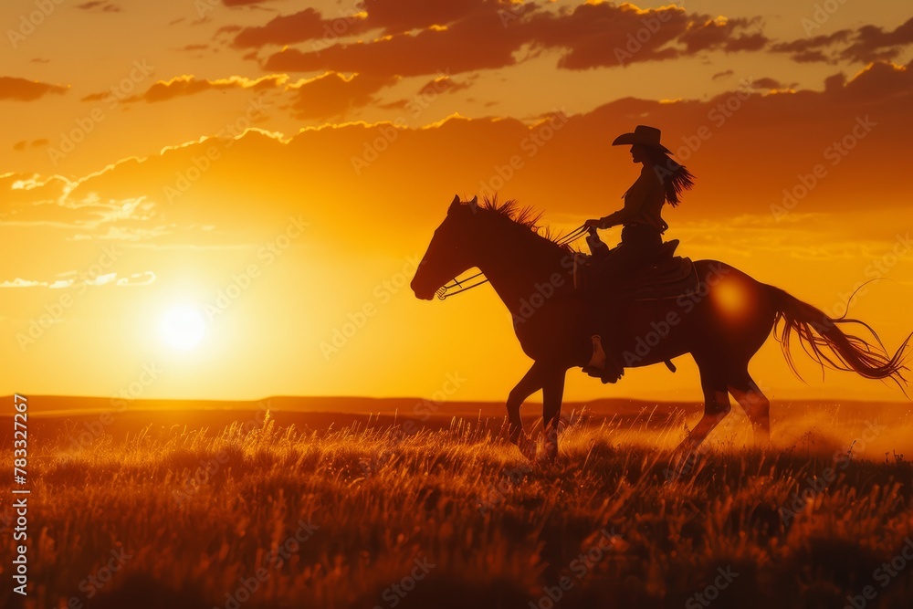 Silhouette of a cowgirl riding a horse at sunset across golden fields