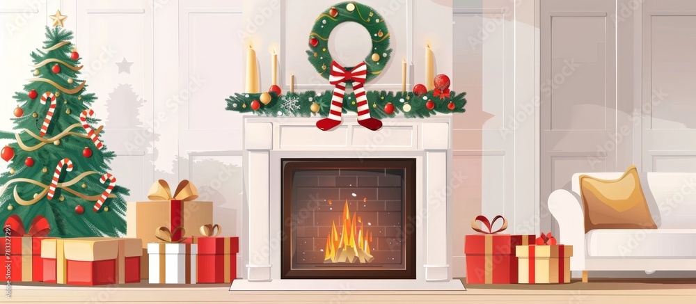 The image captures a warm and inviting fireplace adorned with wrapped presents and a beautifully decorated Christmas tree nearby. The image captures a warm and inviting fireplace adorned with wrapped presents and a beautifully decorated Christmas tree nearby.
