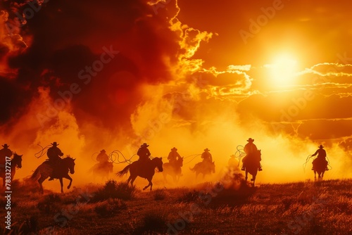 Dramatic western scene with cowboys riding horses at sunset under a fiery sky