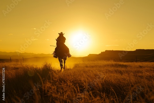 Silhouette of a cowboy riding a horse at sunset in rural landscape