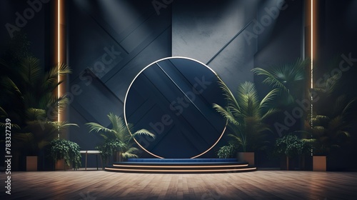 A stylish modern interior featuring a raised circular stage with backlighting surrounded by lush greenery and elegant wall panels