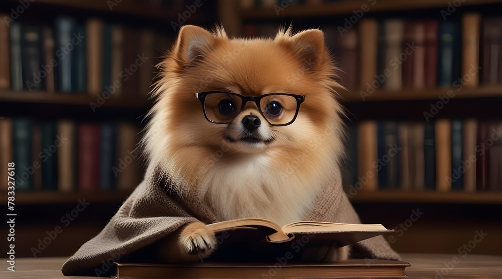 Clever pomeranian dog with a book. A dog sheltered in a blanket with a book .Generative AI
