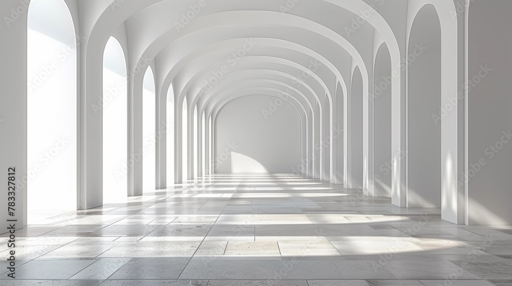 A long hallway with arches and windows in a white room, AI