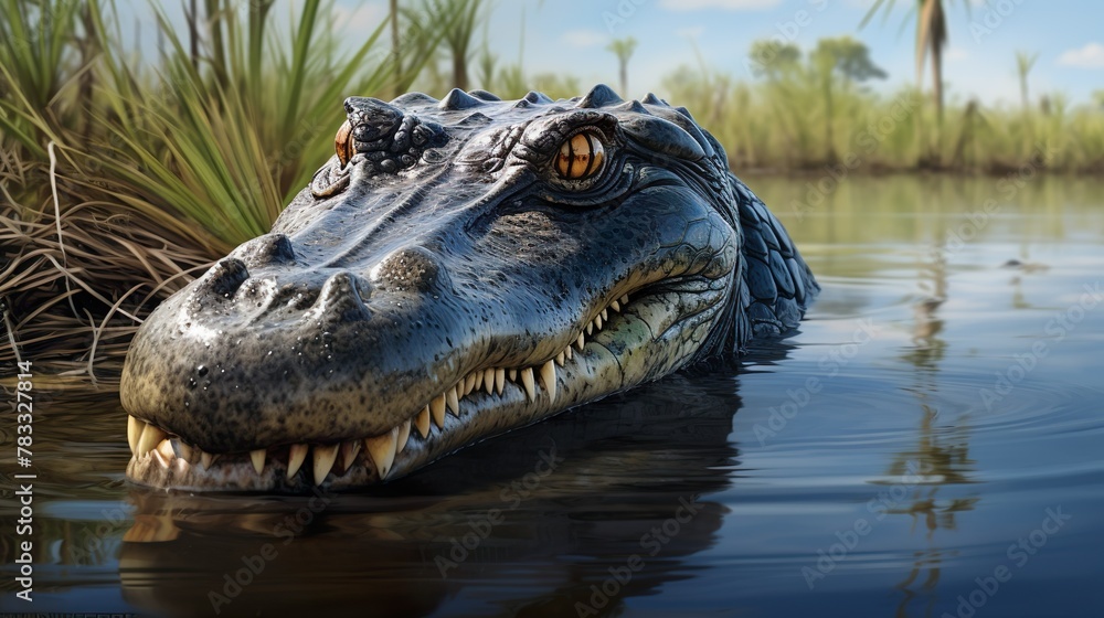 Obraz premium Dramatic image depicting a close encounter with an alligator's open mouth, illustrating the beauty and threat of wildlife