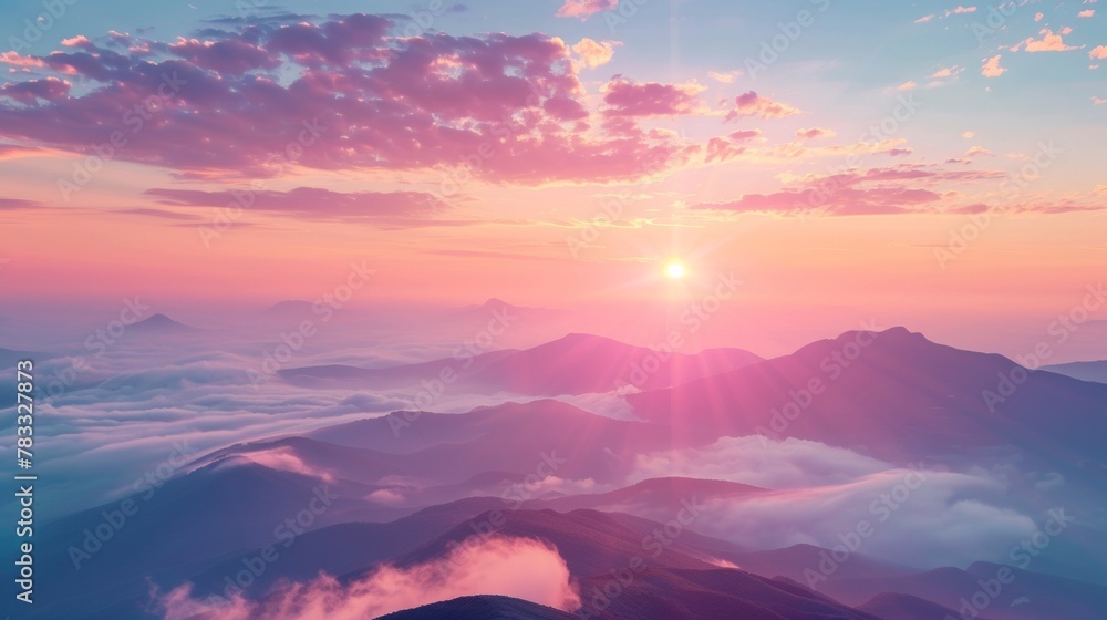 Obraz premium A view of a mountain range with the sun shining through, AI