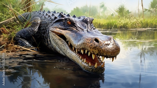 A large imposing alligator lies in wait, camouflaged among the murky waters and lush greenery of a swamp, showcasing its sharp teeth and textured skin