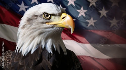 A stunning portrait of a bald eagle juxtaposing its piercing gaze against the folds of the American flag, an emblem of ideals