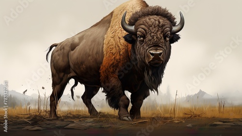 A solitary bison stands majestically in a vast grassland landscape, evoking a sense of bygone wilderness