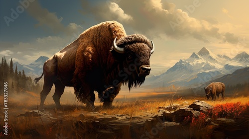 A powerful bison stands in the foreground of a breathtaking mountainous scene, with its fur illuminated by the sun's embrace