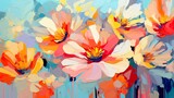 Lively digital art of red and white flowers against a textured, colorful background, bursting with life
