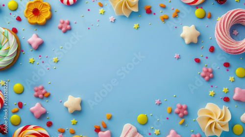 horizontal banner, international children's Day, candy frame on a blue background, treats for children, copy space, free space for text in the center