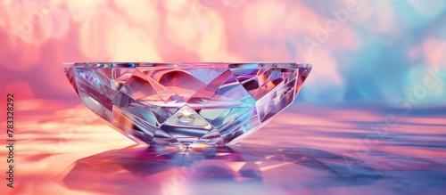 Crystal bowl placed on a shining surface capturing a close-up view with stunning reflections