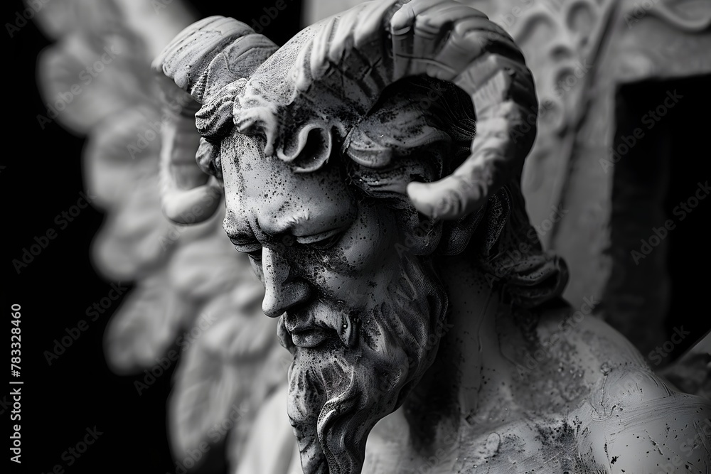 Dramatic Illumination of a Marble Devil Statue Clutching a Cross Dramatic Illumination of a Marble Devil Statue Clutching a Cross