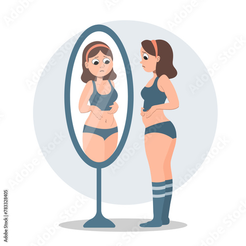 A woman stands in front of a mirror unhappy with her figure. Diet concept. Illustration, clipart, vector